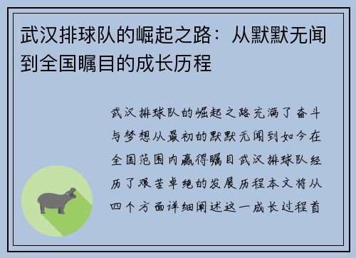 武汉排球队的崛起之路：从默默无闻到全国瞩目的成长历程